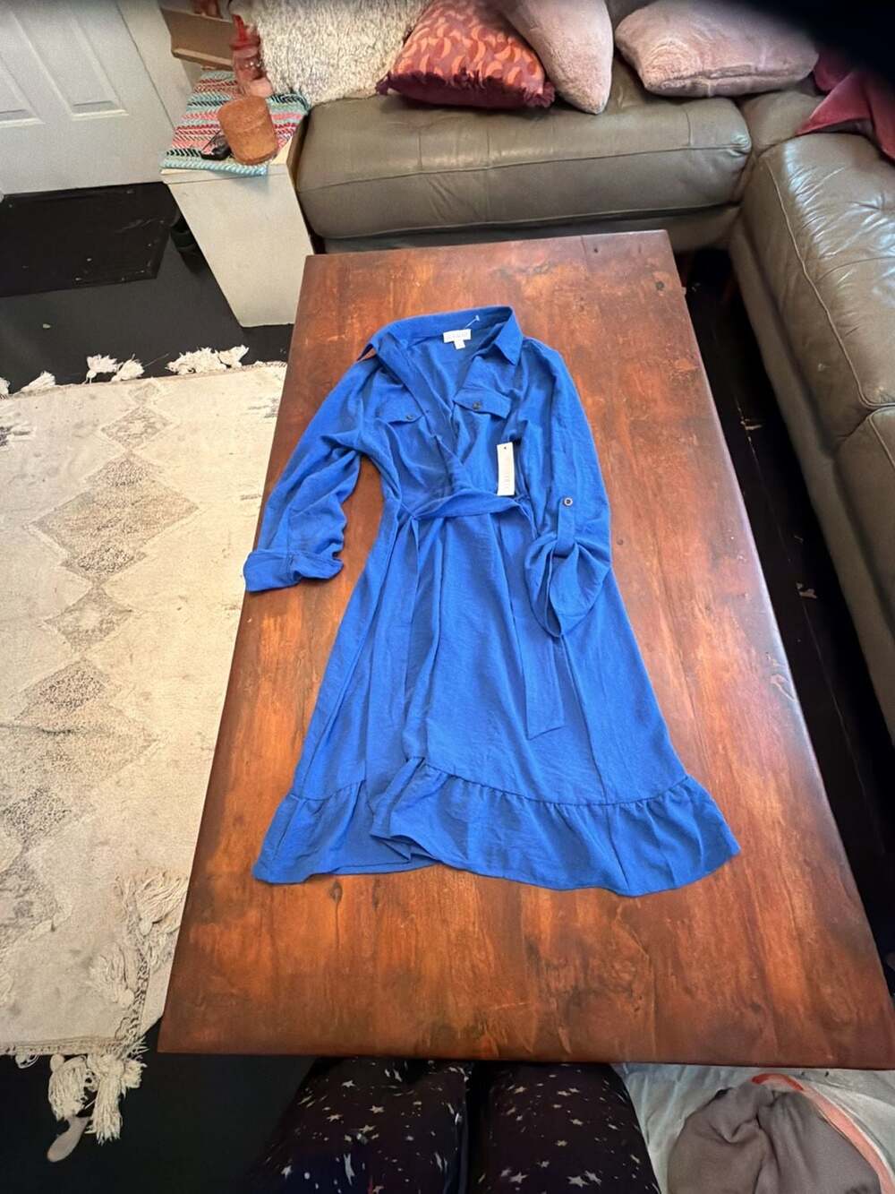 Luxology Blue Long Sleeve Belted Ruffle Hem Shirt Dress Size L
